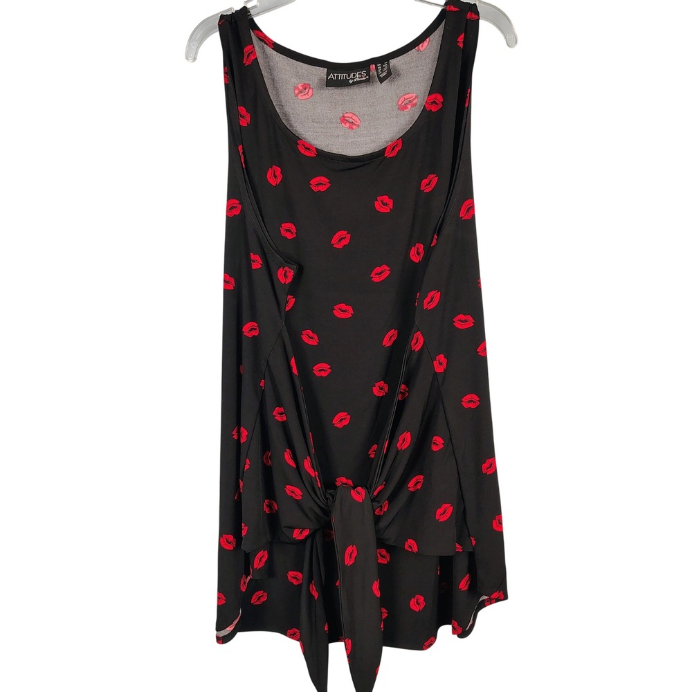 Attitudes by Renee Womens 1X Lip Print Tie Front Top Black Red Y2K Indie Sleaze